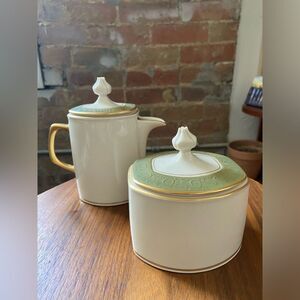 Antique green Franciscan masterpiece gold trimmed sugar bowl and creamer set
